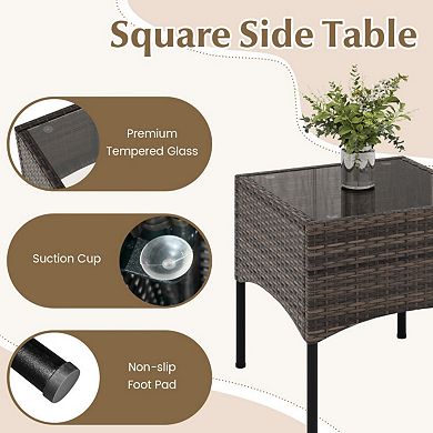 Clihome 3 Pieces Patio Wicker Conversation Set with Cushions and Tempered Glass Coffee Table