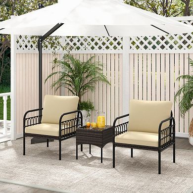 Clihome 3 Pieces Patio Wicker Conversation Set with Cushions and Tempered Glass Coffee Table
