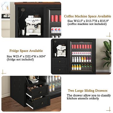 47.2" Farmhouse Coffee Bar Cabinet with Fridge Space, Power Outlet, Sliding Drawers