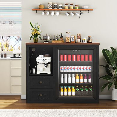 47.2" Farmhouse Coffee Bar Cabinet with Fridge Space, Power Outlet, Sliding Drawers
