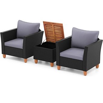 Clihome 3 pc Patio Wicker Furniture Set with Cushions and Acacia Wood Coffee Table Outdoor