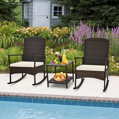 Clihome 3 Piece Patio Rocking Set Wicker Rocking Chairs with 2-Tier Coffee Table
