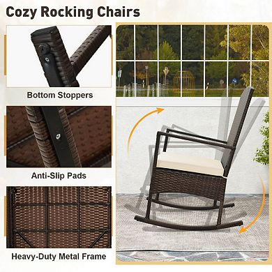 Clihome 3 Piece Patio Rocking Set Wicker Rocking Chairs with 2-Tier Coffee Table