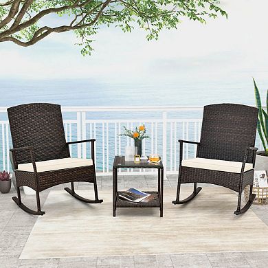 Clihome 3 Piece Patio Rocking Set Wicker Rocking Chairs with 2-Tier Coffee Table
