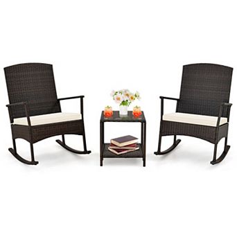 Clihome 3 pc Patio Rocking Set Wicker Rocking Chairs with 2 tier Coffee Table