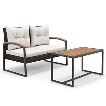 Clihome 2 pc Patio PE Wicker Furniture Set with Acacia Wood Coffee Table