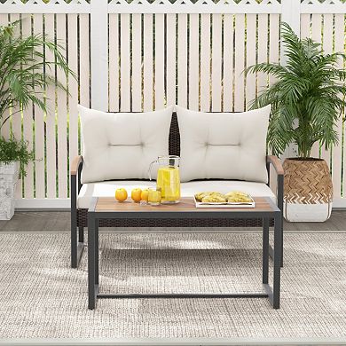 Clihome 2 Pieces Patio PE Wicker Furniture Set with Acacia Wood Coffee Table