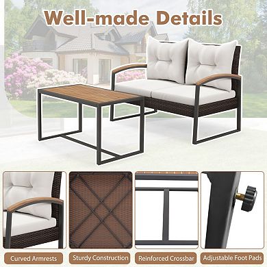 Clihome 2 Pieces Patio PE Wicker Furniture Set with Acacia Wood Coffee Table