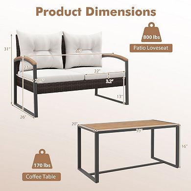 Clihome 2 Pieces Patio PE Wicker Furniture Set with Acacia Wood Coffee Table