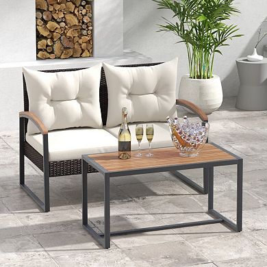 Clihome 2 Pieces Patio PE Wicker Furniture Set with Acacia Wood Coffee Table
