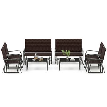 Clihome 4 pc Patio Gliding Set PE Wicker Swing Glider Furniture with Tempered Glass Coffee Table