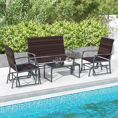 Clihome 4 Piece Patio Gliding Set PE Wicker Swing Glider Furniture with Tempered Glass Coffee Table