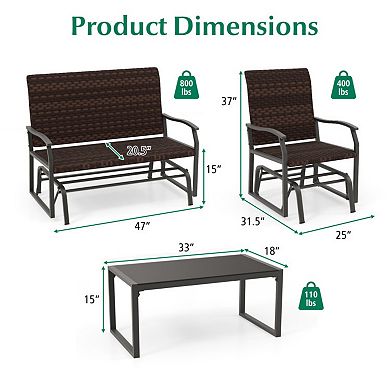 Clihome 4 Piece Patio Gliding Set PE Wicker Swing Glider Furniture with Tempered Glass Coffee Table