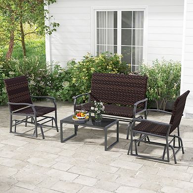 Clihome 4 Piece Patio Gliding Set PE Wicker Swing Glider Furniture with Tempered Glass Coffee Table