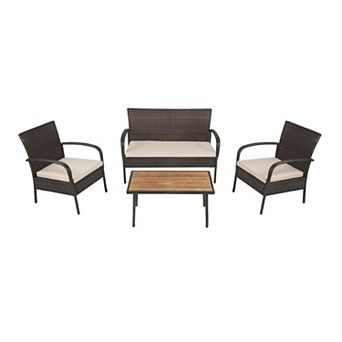 Clihome 4 pc Patio Cushioned Wicker Set with Acacia Wood Tabletop