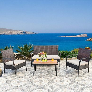 Clihome 4 Pieces Patio Cushioned Wicker Set with Acacia Wood Tabletop