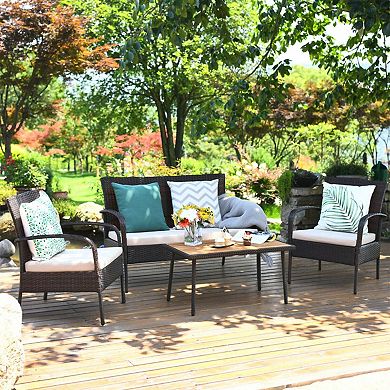 Clihome 4 Pieces Patio Cushioned Wicker Set with Acacia Wood Tabletop