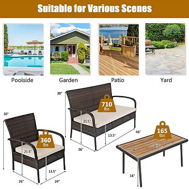 Clihome 4 Pieces Patio Cushioned Wicker Set with Acacia Wood Tabletop