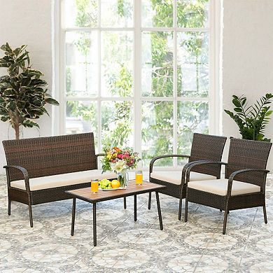 Clihome 4 Pieces Patio Cushioned Wicker Set with Acacia Wood Tabletop