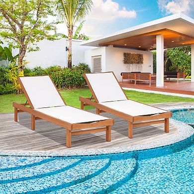 Clihome Outdoor Wood Chaise Lounge Chair with 5-Position Adjustable Back