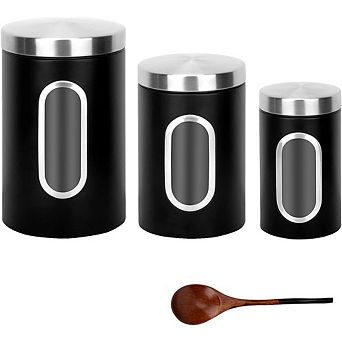 3 pc Stainless Steel Kitchen Canister Set with Wooden Spoons and Windows