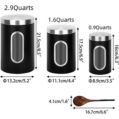 3-Piece Stainless Steel Kitchen Canister Set with Wooden Spoons and Windows