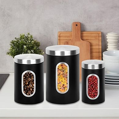 3-Piece Stainless Steel Kitchen Canister Set with Wooden Spoons and Windows