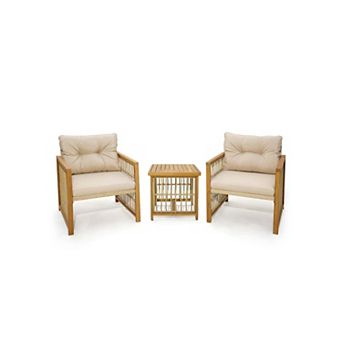Clihome 3 pc Patio PE Wicker Set Acacia Wood Frame with Cushions