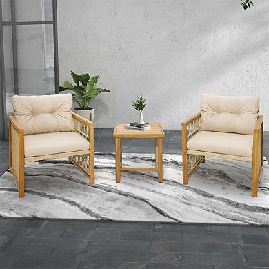 Clihome 3 Pieces Patio PE Wicker Set Acacia Wood Frame with Cushions