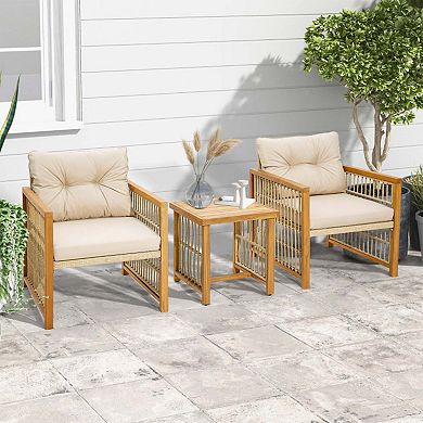 Clihome 3 Pieces Patio PE Wicker Set Acacia Wood Frame with Cushions