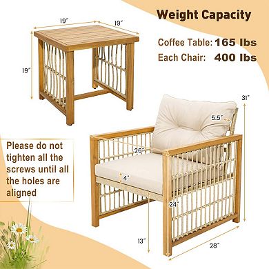 Clihome 3 Pieces Patio PE Wicker Set Acacia Wood Frame with Cushions