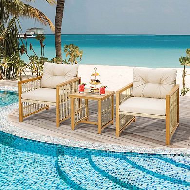 Clihome 3 Pieces Patio PE Wicker Set Acacia Wood Frame with Cushions