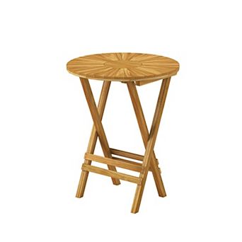 Patio Teak Wood Round Folding Side Table with Slatted Top and X Frame, No Assembly Required
