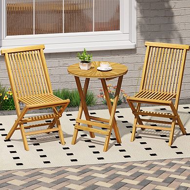 Patio Teak Wood Round Folding Side Table with Slatted Top and X Frame, No Assembly Required