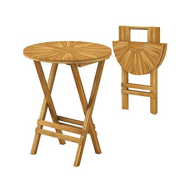 Patio Teak Wood Round Folding Side Table with Slatted Top and X Frame, No Assembly Required