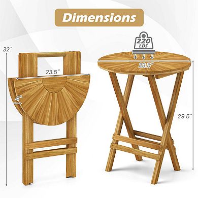 Patio Teak Wood Round Folding Side Table with Slatted Top and X Frame, No Assembly Required