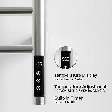 Brushed Nickel 9-Bar Heated Towel Rack Warmer for Bathroom with Intelligent Touch Screen Timer