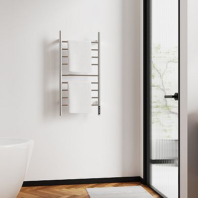 Brushed Nickel 9-Bar Heated Towel Rack Warmer for Bathroom with Intelligent Touch Screen Timer