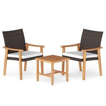 Clihome 3 pc Patio Wicker Bistro Set PE Rattan Chairs & Acacia Wood Table