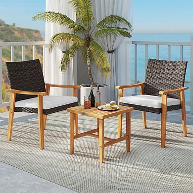 Clihome 3-Piece Patio Wicker Bistro Set PE Rattan Chairs & Acacia Wood Table
