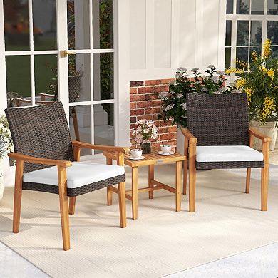 Clihome 3-Piece Patio Wicker Bistro Set PE Rattan Chairs & Acacia Wood Table