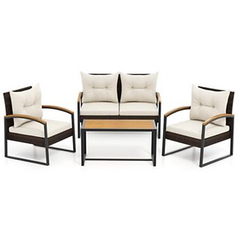 Clihome 4 pc Patio Conversation Set with Acacia Wood Armrests and Tabletop and Cushions