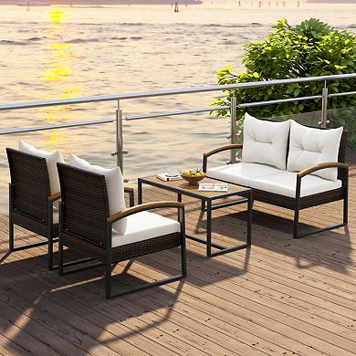 Clihome 4 Pieces Patio Conversation Set with Acacia Wood Armrests and Tabletop and Cushions