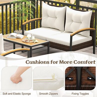 Clihome 4 Pieces Patio Conversation Set with Acacia Wood Armrests and Tabletop and Cushions