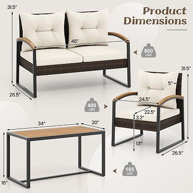 Clihome 4 Pieces Patio Conversation Set with Acacia Wood Armrests and Tabletop and Cushions