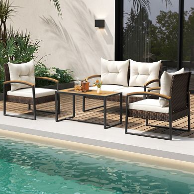 Clihome 4 Pieces Patio Conversation Set with Acacia Wood Armrests and Tabletop and Cushions