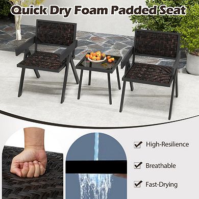 Clihome 3 Pieces Patio PE Wicker Bistro Set with Quick-Drying Foam