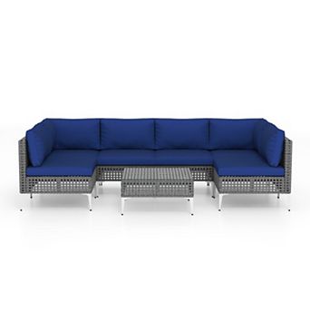 Clihome 7 pc Outdoor Furniture Set Wicker Chairs with Tempered Glass Coffee Table