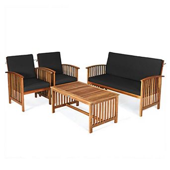 Clihome 4 pc Patio Solid Wood Furniture Set with Water Resistant Cushions