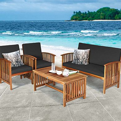 Clihome 4 Pieces Patio Solid Wood Furniture Set with Water Resistant Cushions